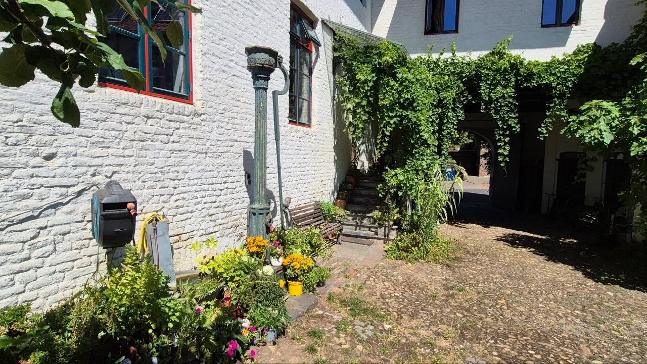 Innenhof mit altem Brunnen und begrüntem Torbogen